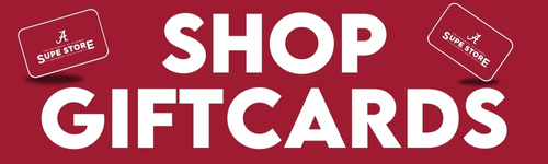 Shop Gift Cards at the University of Alabama Supply Store - Supe Store. Purchase Alabama Crimson Tide gift cards, perfect for any occasion. Give the gift of choice with Supe Store gift cards for fans and students to shop UA apparel and merchandise.