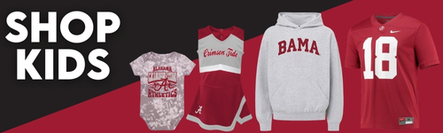 Shop Kids' Alabama Apparel at the University of Alabama Supply Store - Supe Store. Explore Crimson Tide clothing for children, including Alabama onesies, cheerleader outfits, hoodies, and football jerseys. Perfect for young fans to show their UA spirit.