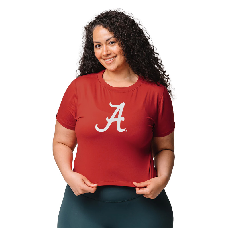 University of Alabama Women's Alabama Script A Milky Soft Crop Shirt in Cardinal Size Large | Polyester